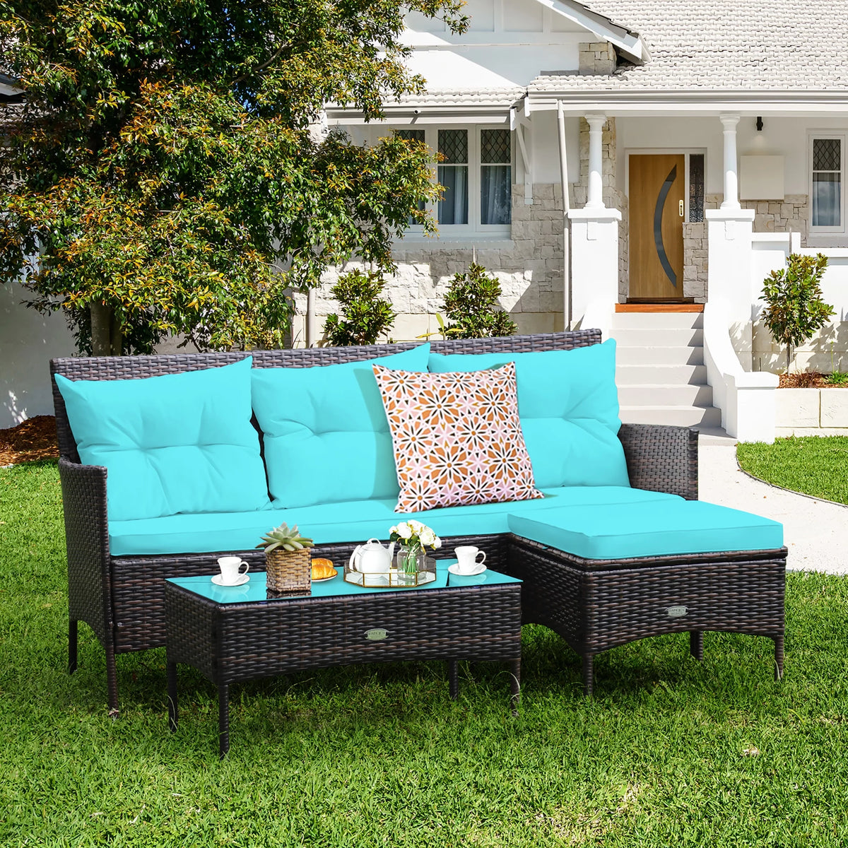 3 Pc Cushioned Patio Rattan Sofa Set G7951