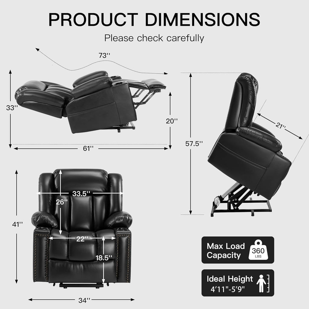 Black Dual Motor Power Lift Chair Recliner with Heat and Massage H47663