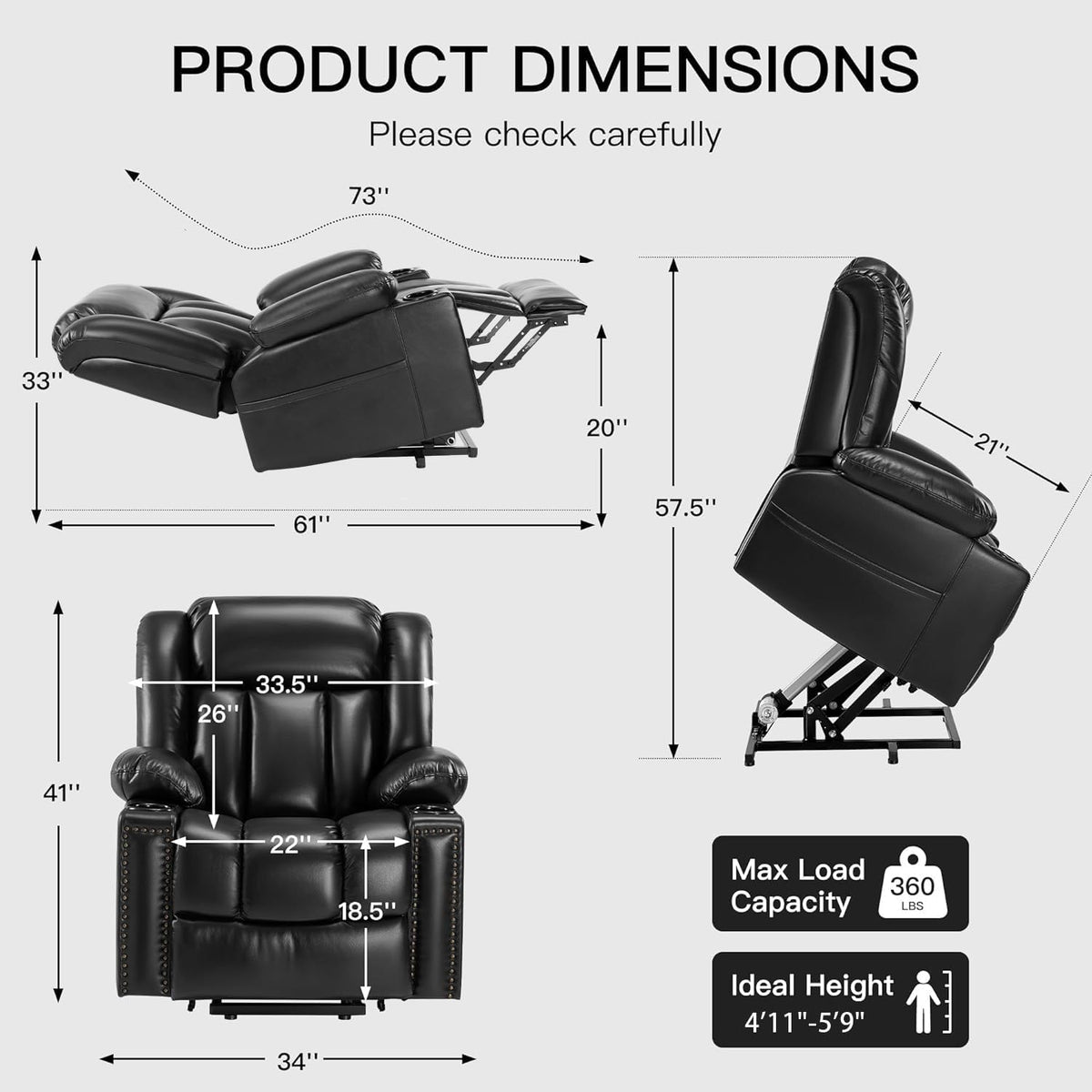 Black Dual Motor Power Lift Chair Recliner with Heat and Massage H47663
