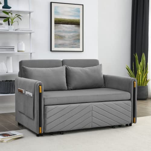 Gray Velvet Convertible Sofa Bed with 2 Pillows O87754