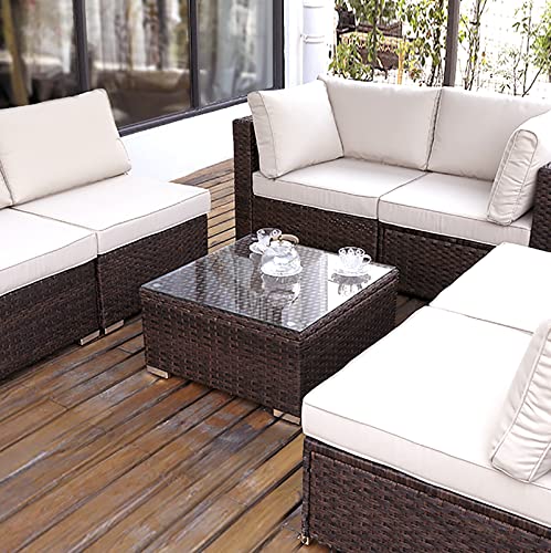 Outdoor Wicker Coffee Table with Glass Top, 25.2in Mixed Brown B26936