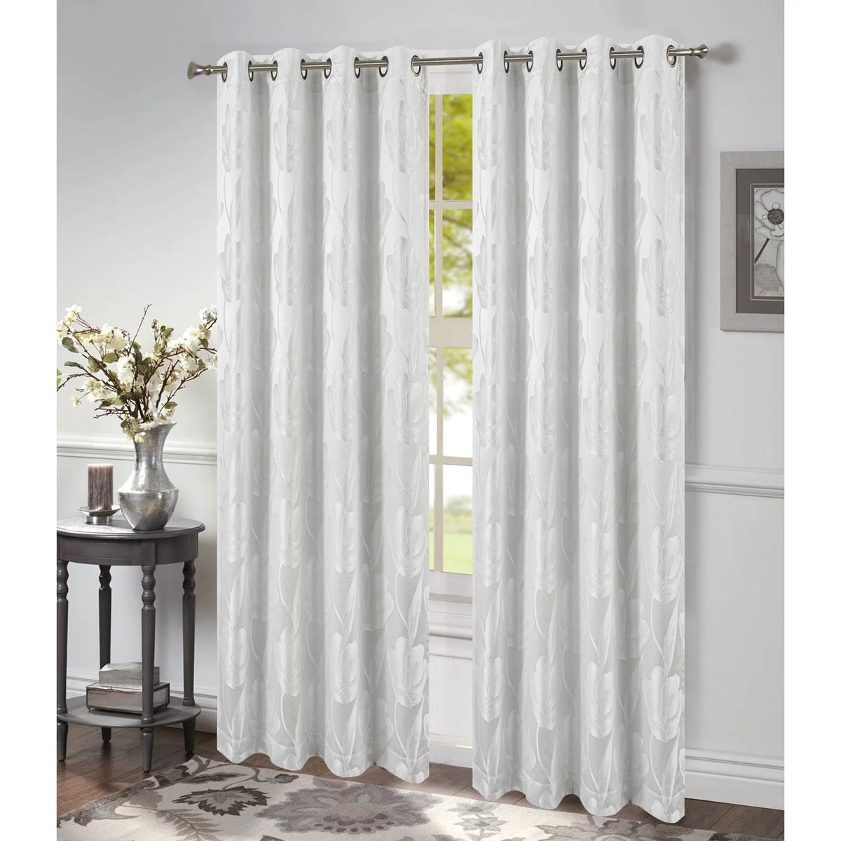 Floral Jacquard Grommet Window Panel, White, 54x84 Inches O388284