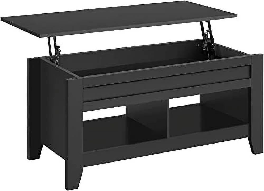 Black Wood Lift Up Coffee Table with Hidden Storage and 2 Open Shelves W485346