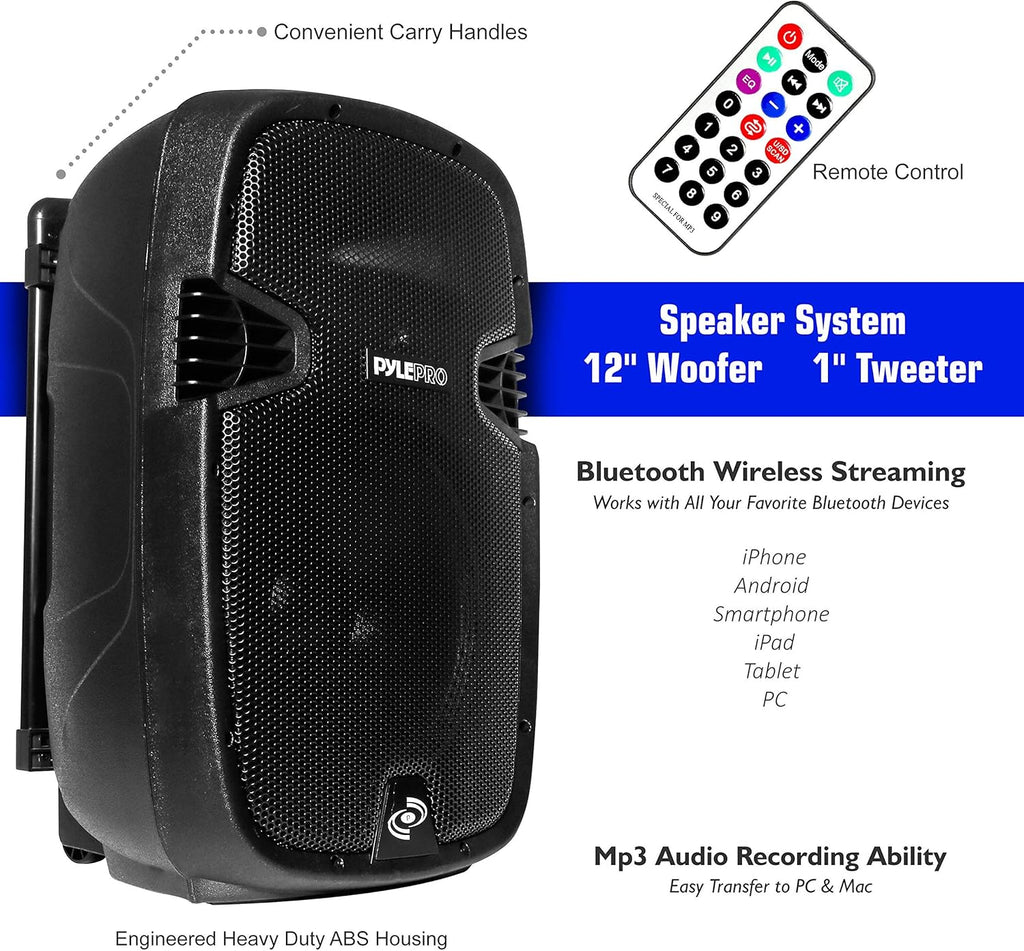 Wireless Portable PA Speaker System with Bluetooth, 12” Subwoofer, 1000 Watt Powered 2-Way Waterproof Amplifier H31850