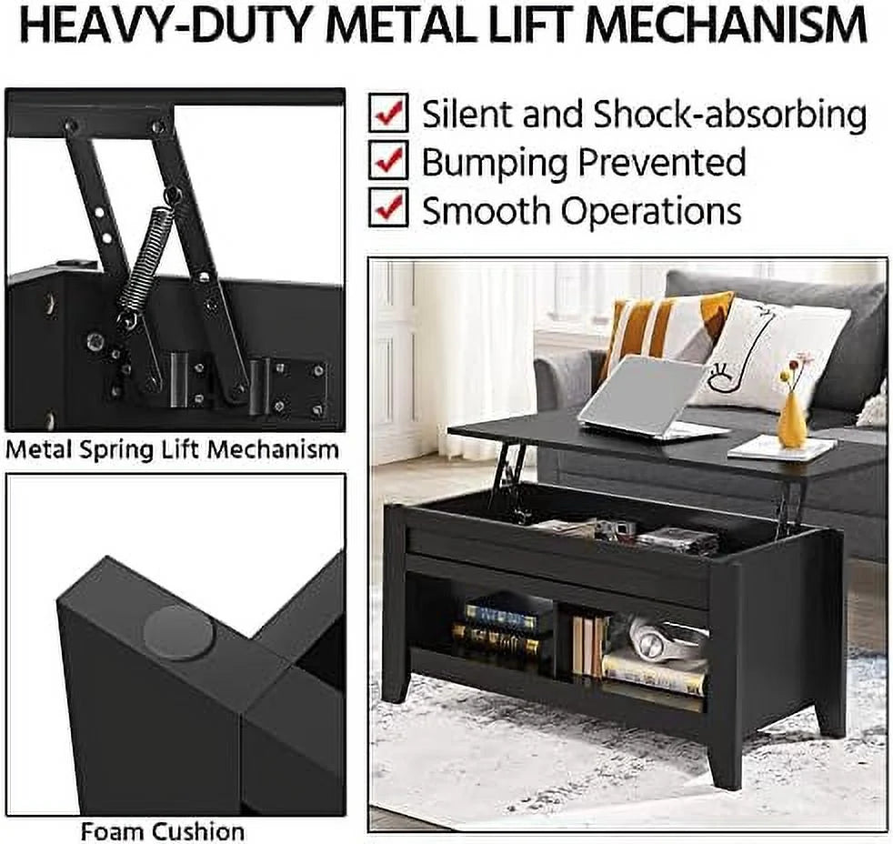 Black Wood Lift Up Coffee Table with Hidden Storage and 2 Open Shelves W485346