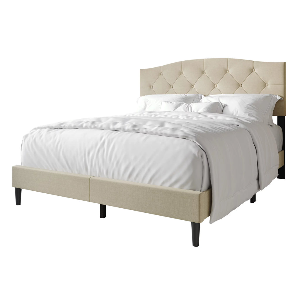 Beige Linen Upholstered Platform Bed V3864