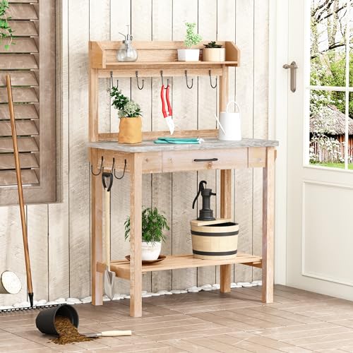Outdoor Potting Bench Table with Storage Drawer and Removable Shelf Rack Q10160
