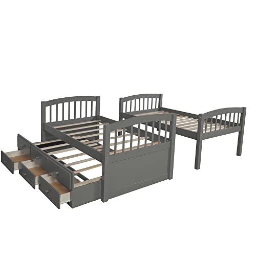 Twin Over Twin Solid Wood Bunk Bed with Storage Drawers and Trundle (Espresso) B92589