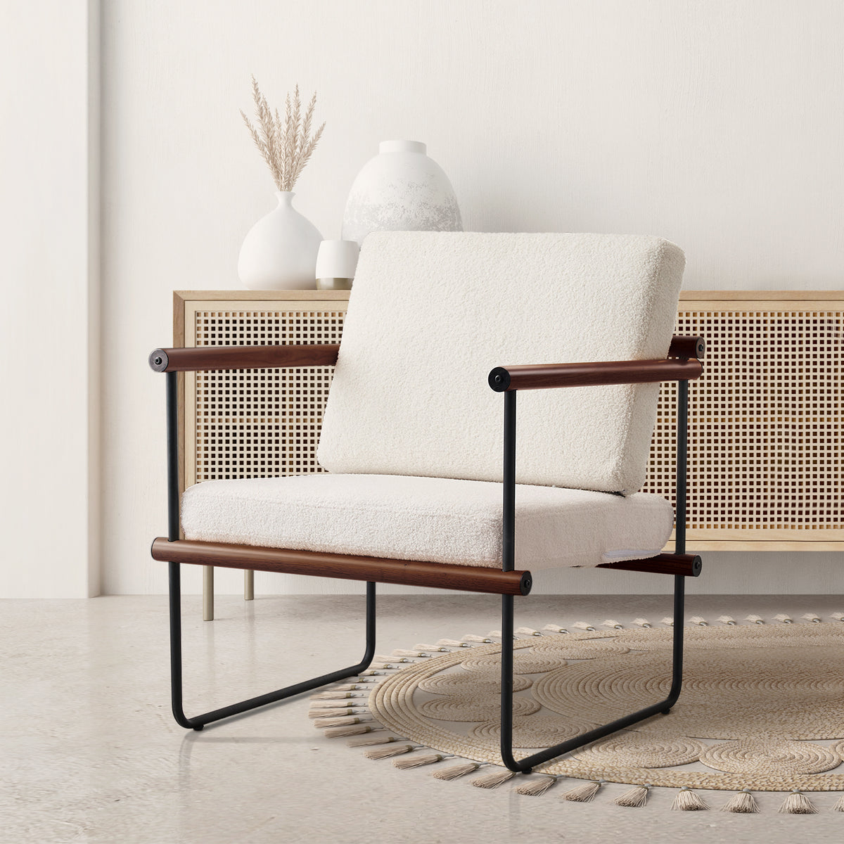 Walnut Boucle Accent Chair with Metal and Wooden Frame A687062