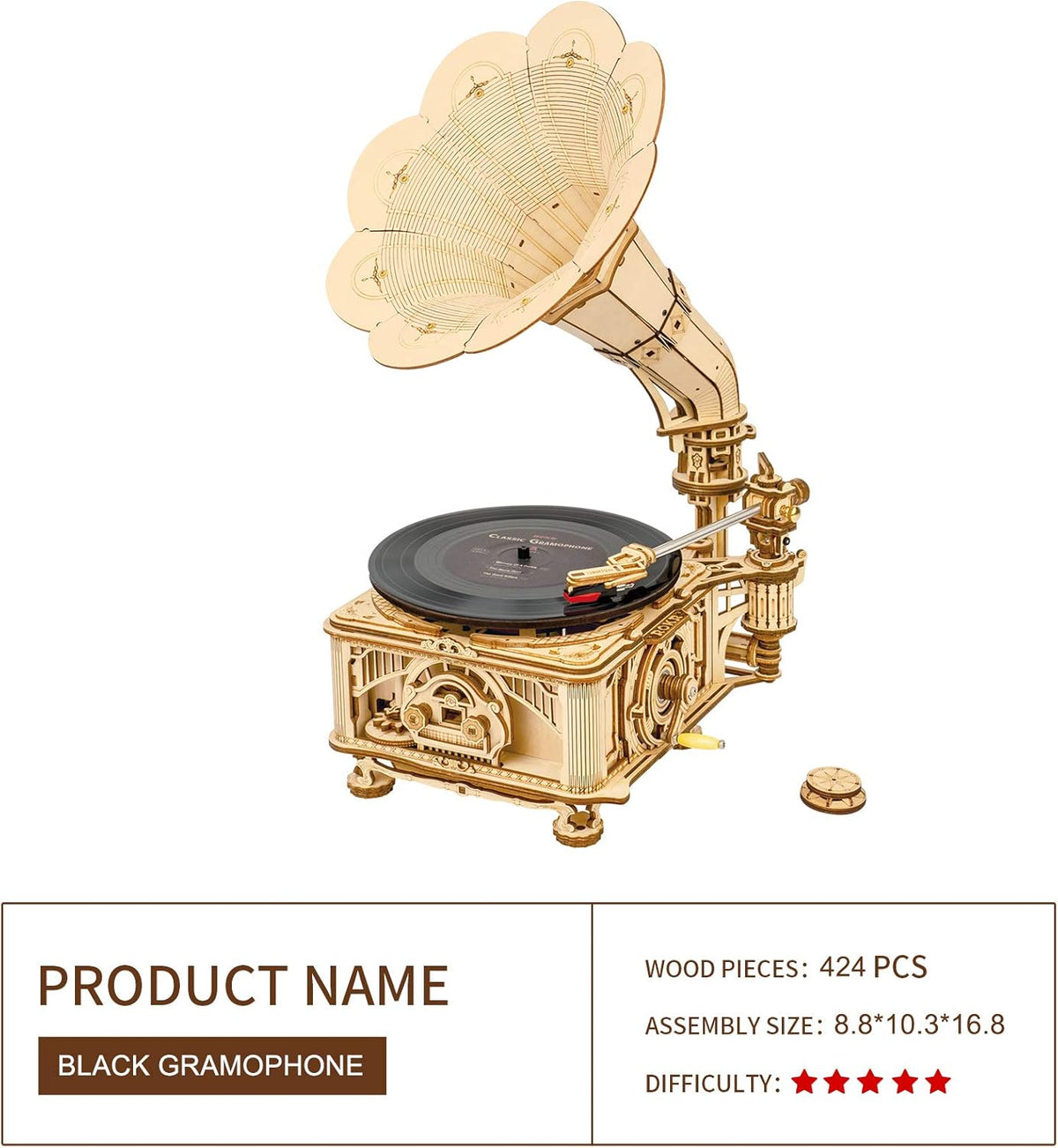 3D Wooden Puzzles Record Player DIY Mechanical Gramophone H486