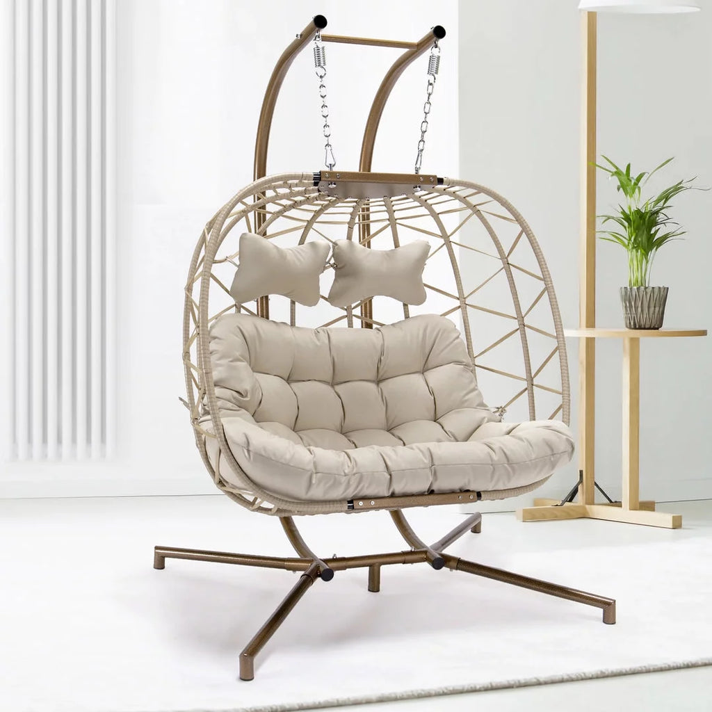 Beige Wicker Double Egg Chair with Stand Q4526