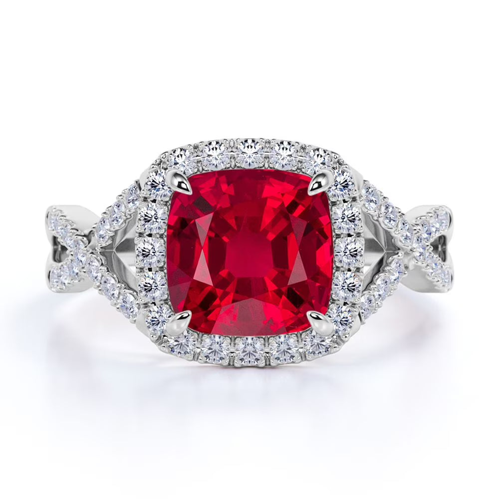 Cushion Cut Lab Created Ruby and Moissanite Crossover Pave Engagement Ring V997957