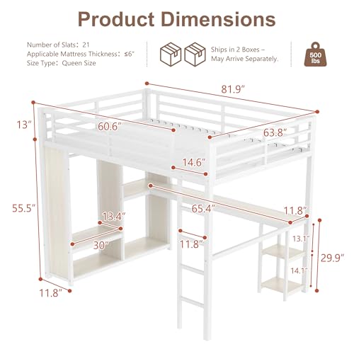 Queen Heavy Duty Metal Loft Bed with L-Shaped Desk, Wardrobe & 5 Storage Shelves X92616