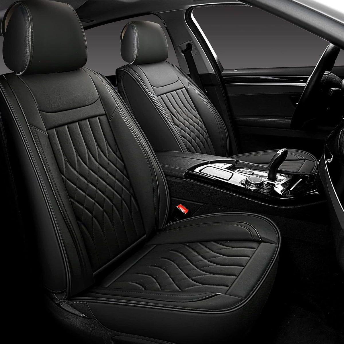 Black Leather Car Seat Covers 2 PCS Front I4961