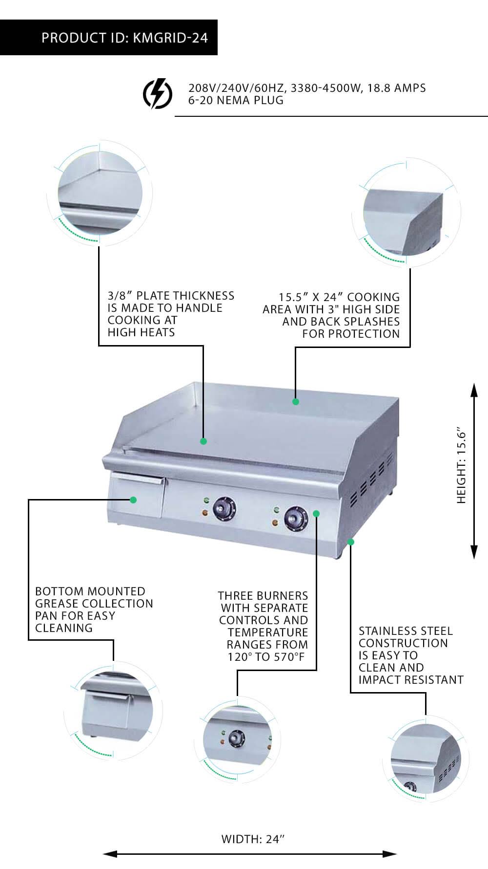 Commercial Electric Griddle 24x22 Countertop 240V 3570W A850