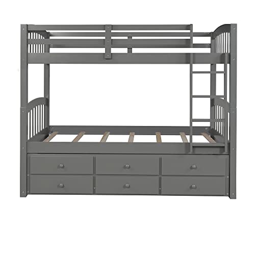Twin Over Twin Solid Wood Bunk Bed with Storage Drawers and Trundle (Espresso) B92589