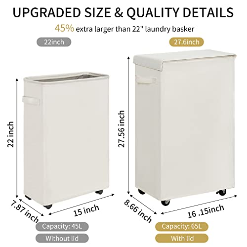 65L Slim Laundry Hamper with Lid Rolling Laundry Basket with Wheels Foldable Dirty Clothes Hamper Storage Bins (Grey) Z12961