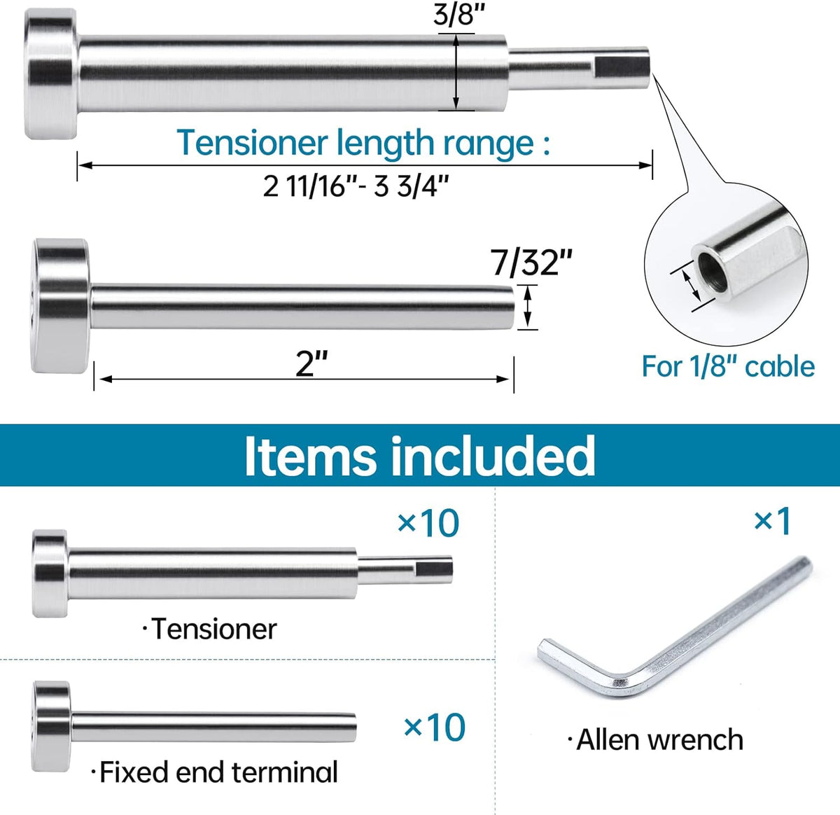 10 Pair Invisible Cable Railing Kit 1/8 Swage Tensioner T316 Stainless Steel I4550