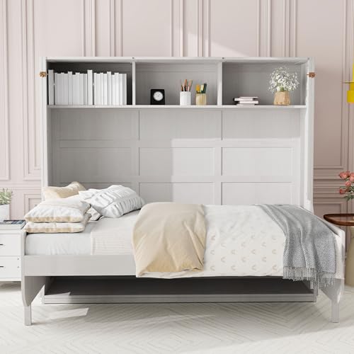 Antique White Full Size Murphy Bed with Desk and Storage Shelves H684511