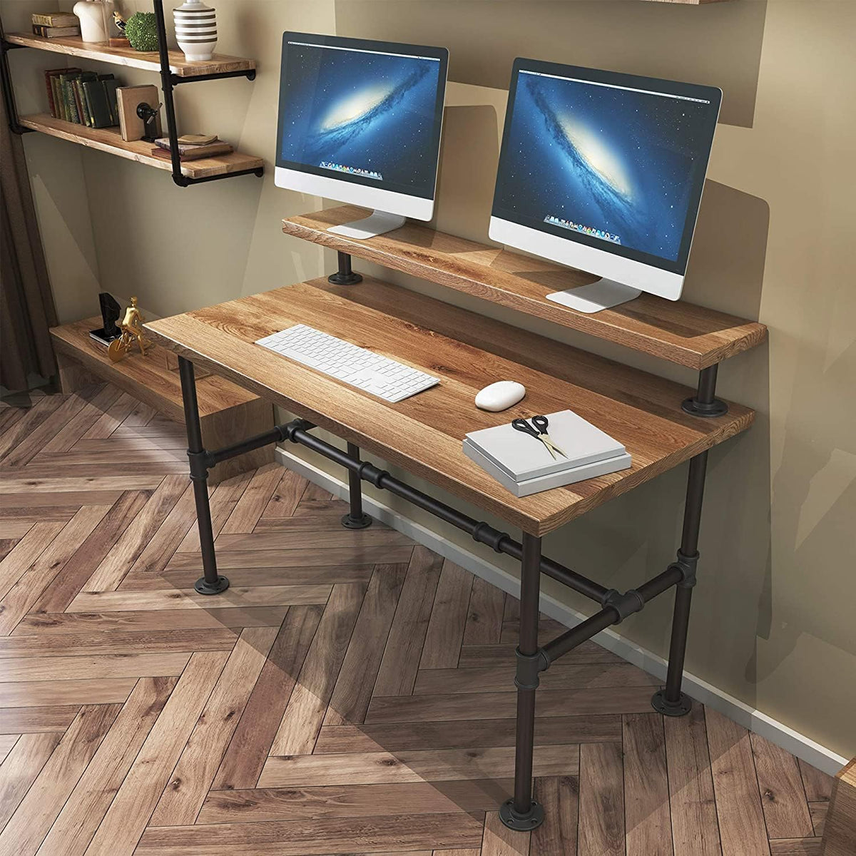 28 Inche Industrial Pipe Table Legs Set with 6-Inch Monitor Shelf Support I705