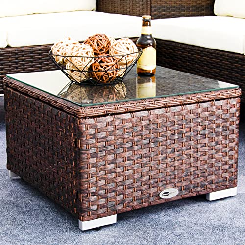 Outdoor Wicker Coffee Table with Glass Top, 25.2in Mixed Brown B26936