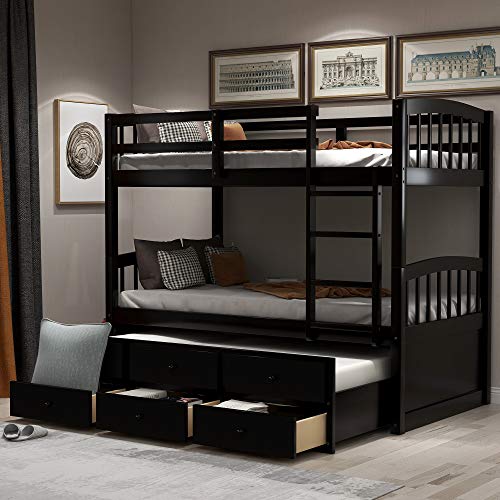 Twin Over Twin Solid Wood Bunk Bed with Storage Drawers and Trundle (Espresso) B92589