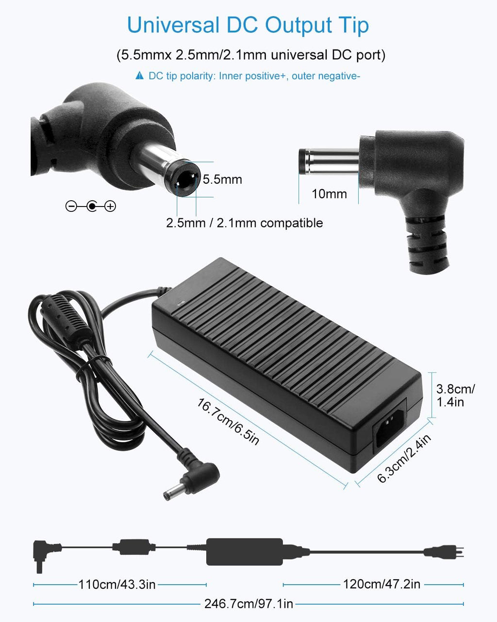 12V 10A Power Supply Adapter 120W Converter 5.5x2.5mm Plug Pack of 5 V93347