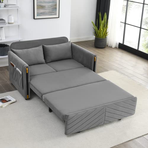 Gray Velvet Convertible Sofa Bed with 2 Pillows O87754