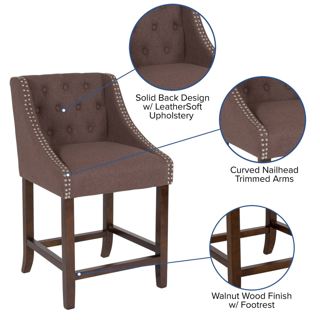 Tufted Walnut Counter Height Stool with Nail Trim I11110