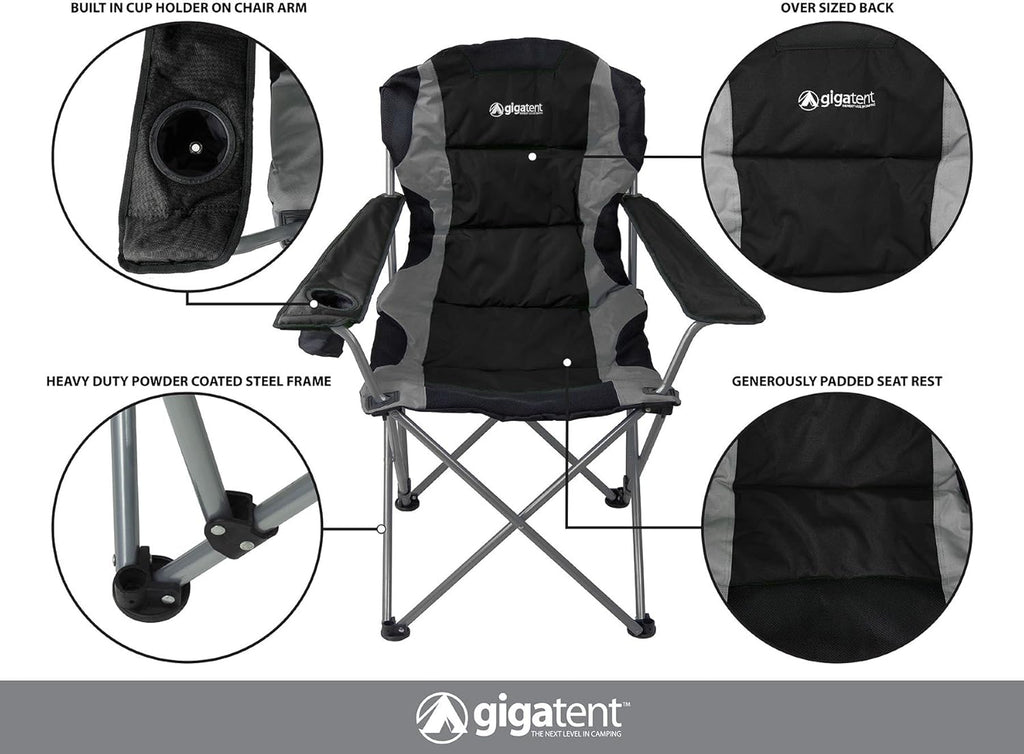 Black Lightweight Folding Padded Camping Chair with Cup Holder T51887