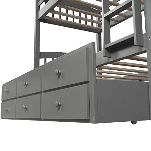 Twin Over Twin Solid Wood Bunk Bed with Storage Drawers and Trundle (Espresso) B92589