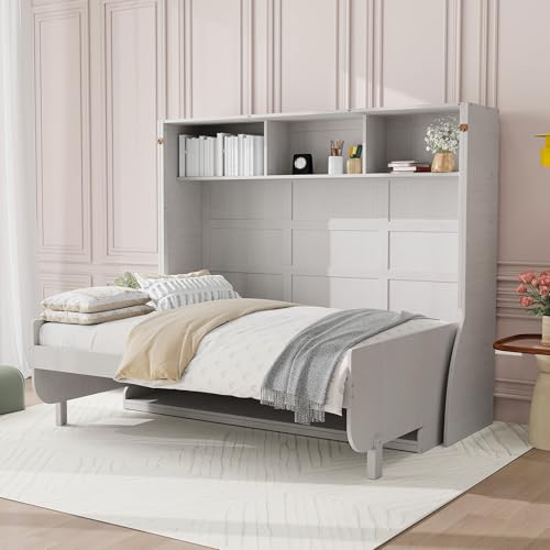 Antique White Full Size Murphy Bed with Desk and Storage Shelves H684511