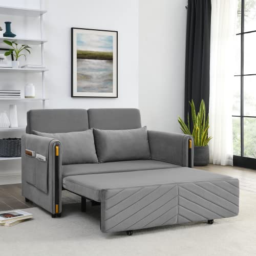 Gray Velvet Convertible Sofa Bed with 2 Pillows O87754