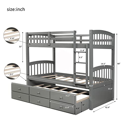 Twin Over Twin Solid Wood Bunk Bed with Storage Drawers and Trundle (Espresso) B92589