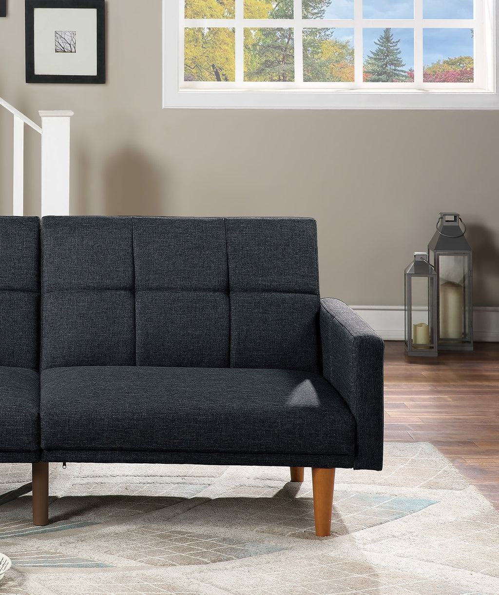 Black Polyfiber Convertible Sofa Couch Bed with Wooden Legs D565