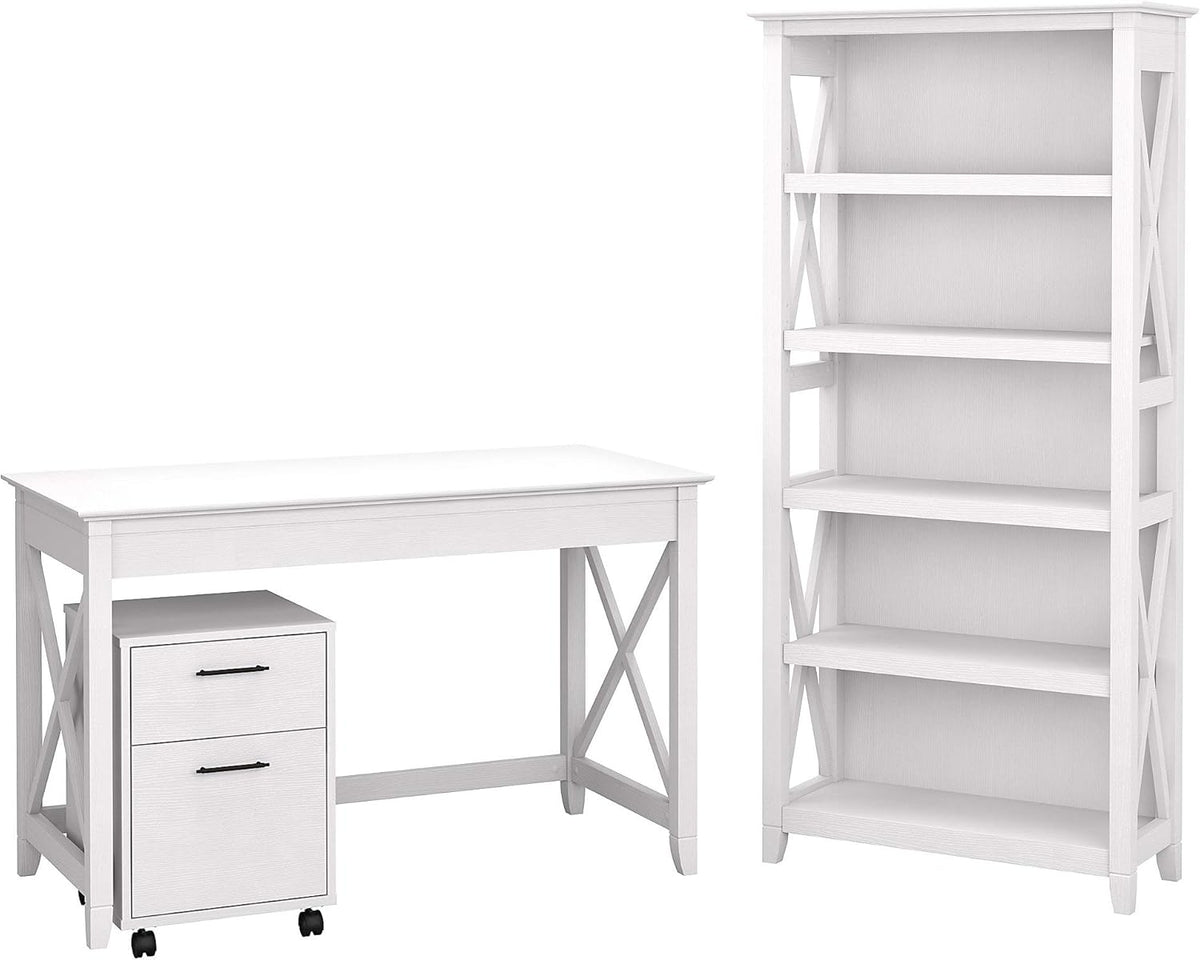 48W Writing Desk with 2 Drawer Mobile File Cabinet and 5 Shelf Bookcase, Pure White Oak X421913