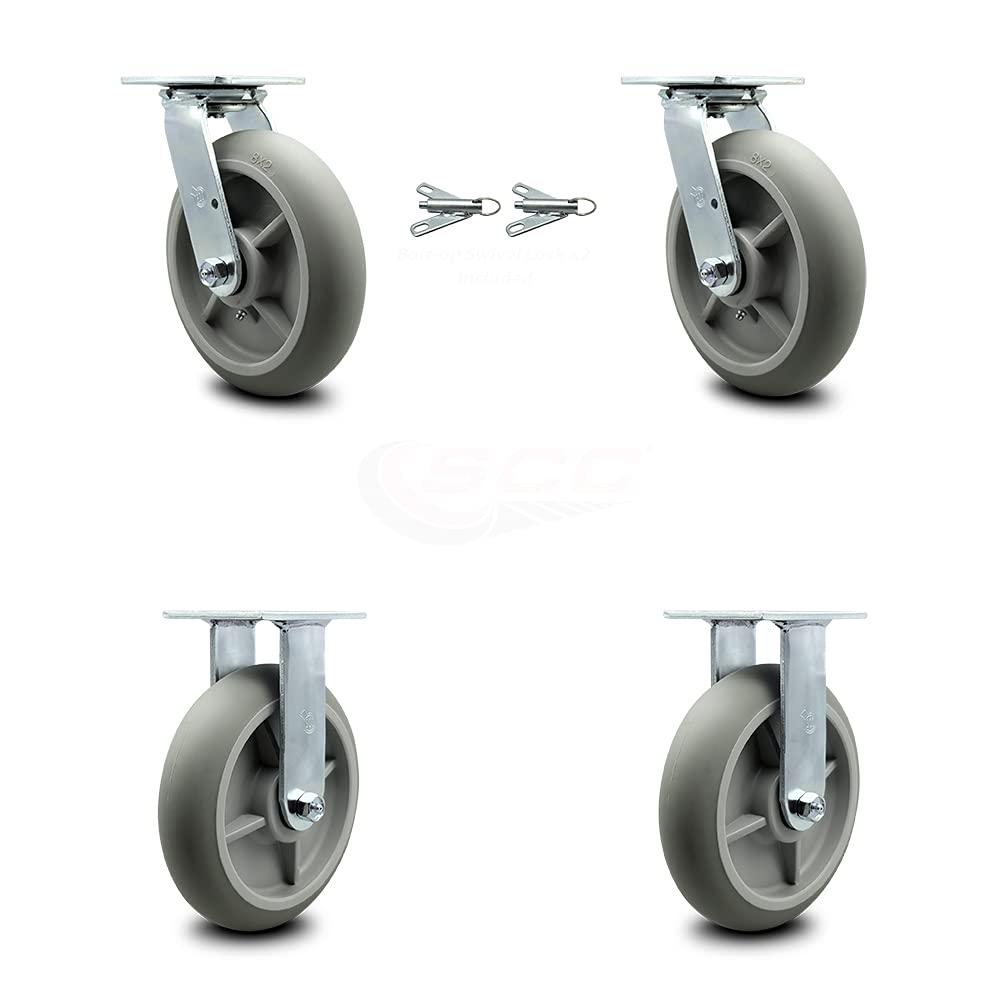 Housekeeping Cart Rigid Caster, 8 Inch Gray Non-Marking Thermoplastic Rubber Wheel, Pack of 2 N84225