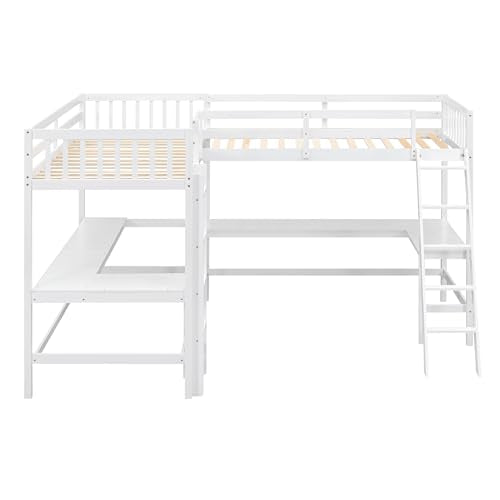 White L-Shaped Wood Twin Size Loft Bed with Desk and Ladder E869048