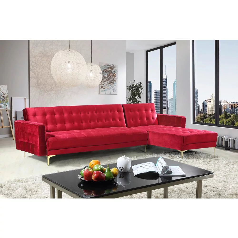 Right Facing Convertible Sectional Sofa Sleeper Bed L Shape Chaise Tufted Velvet Upholstered Red Y9624
