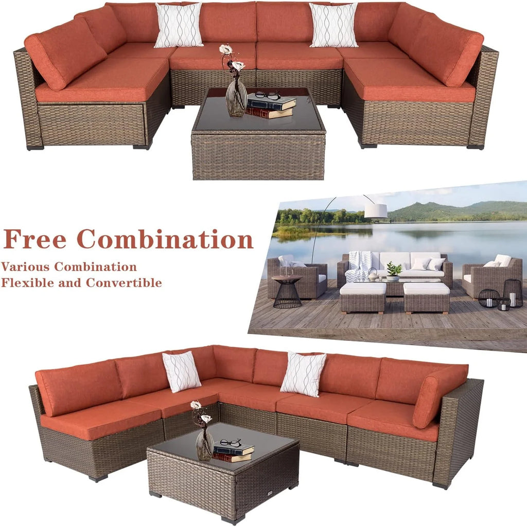 Maple Red Cushions 7Pcs Outdoor Wicker Sectional Sofa F207987