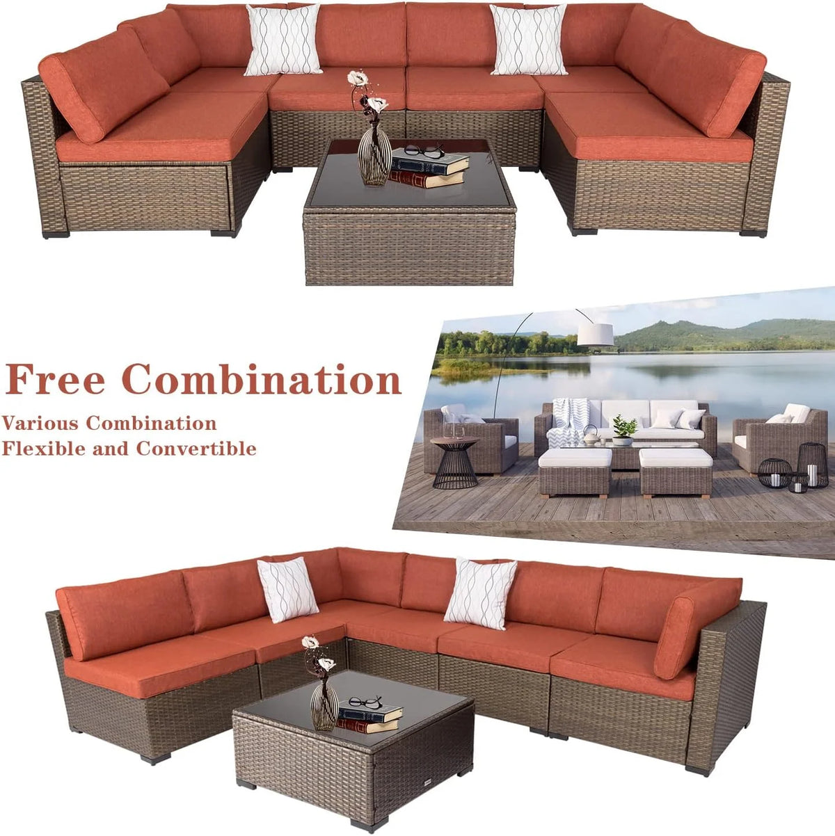 Maple Red Cushions 7Pcs Outdoor Wicker Sectional Sofa F207987