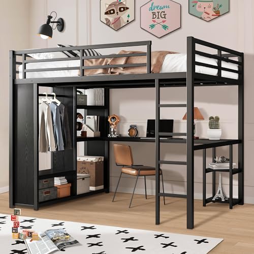 Queen Heavy Duty Metal Loft Bed with L-Shaped Desk, Wardrobe & 5 Storage Shelves X92616