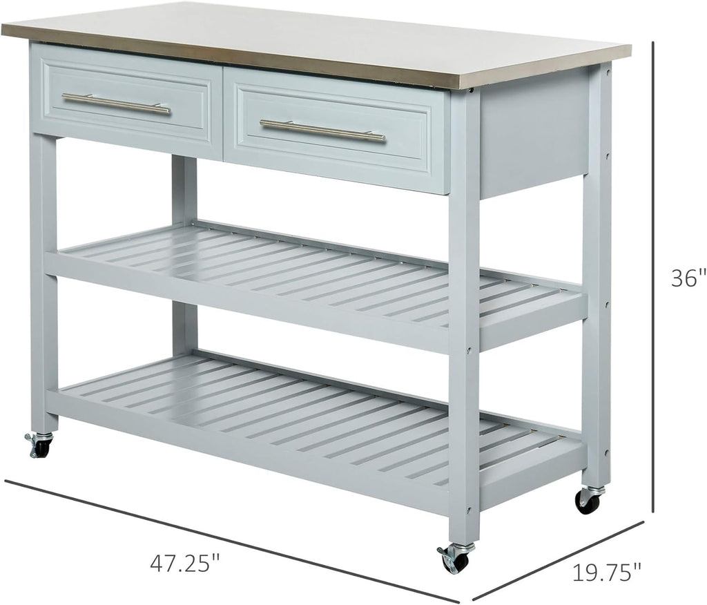 Grey Stainless Steel Top Rolling Utility Cart with Drawers and Shelves X46277