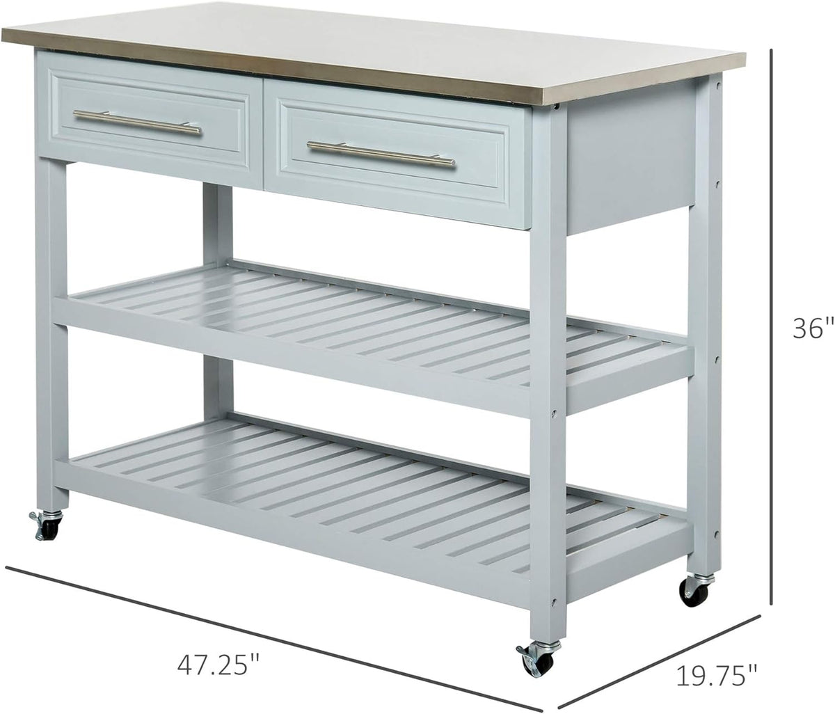 Grey Stainless Steel Top Rolling Utility Cart with Drawers and Shelves X46277