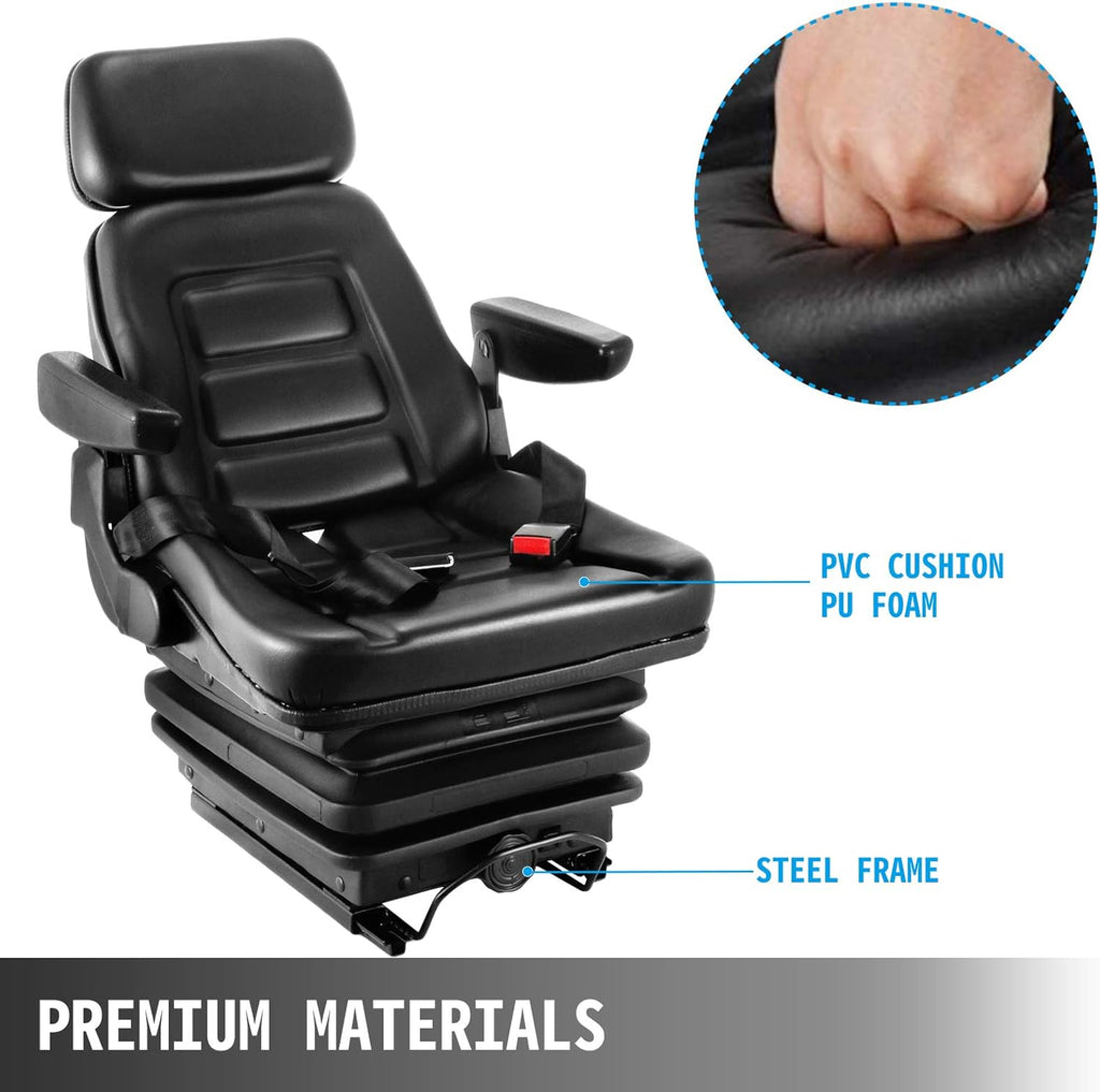 Suspension Seat with Slide Rails, Adjustable Backrest Headrest Armrest, Foldable Heavy Duty R614