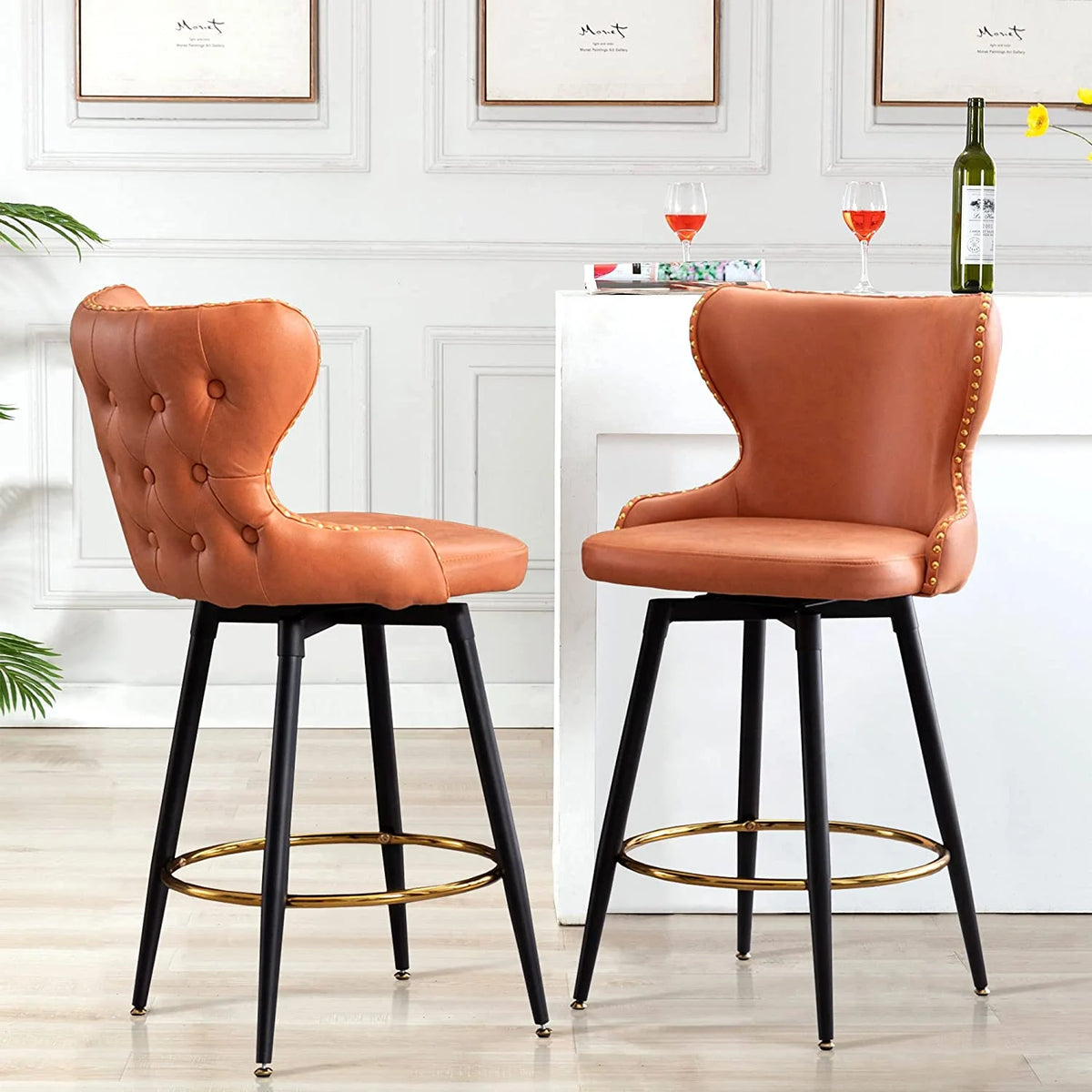 Upholstered Counter Height Fabric Bar Stools Set of 2 with Metal Legs N266
