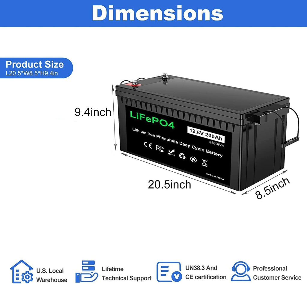12V 200Ah Plus Lithium Battery, LiFePO4 RV Deep Cycle Rechargeable Battery, Built-in 200A BMS T23481