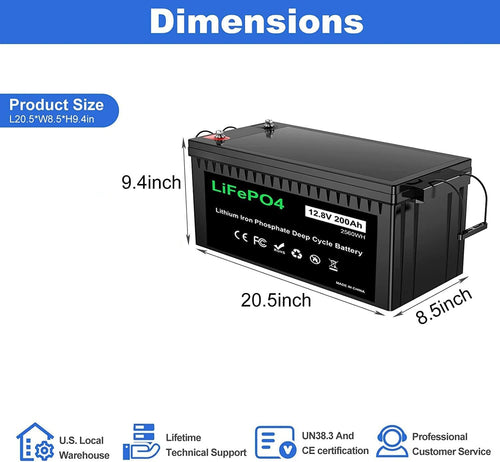 12V 200Ah Plus Lithium Battery, LiFePO4 RV Deep Cycle Rechargeable Battery, Built-in 200A BMS T23481