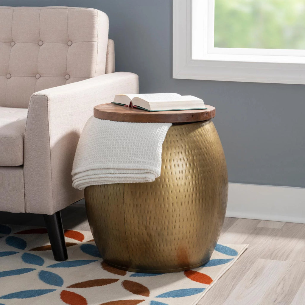 Gold Metal and Wood Storage Side Table T703750
