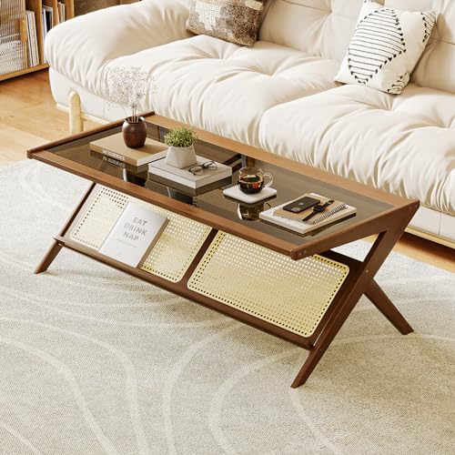 Mid-Century Modern Coffee Table with Glass Top Rattan Storage Q851314